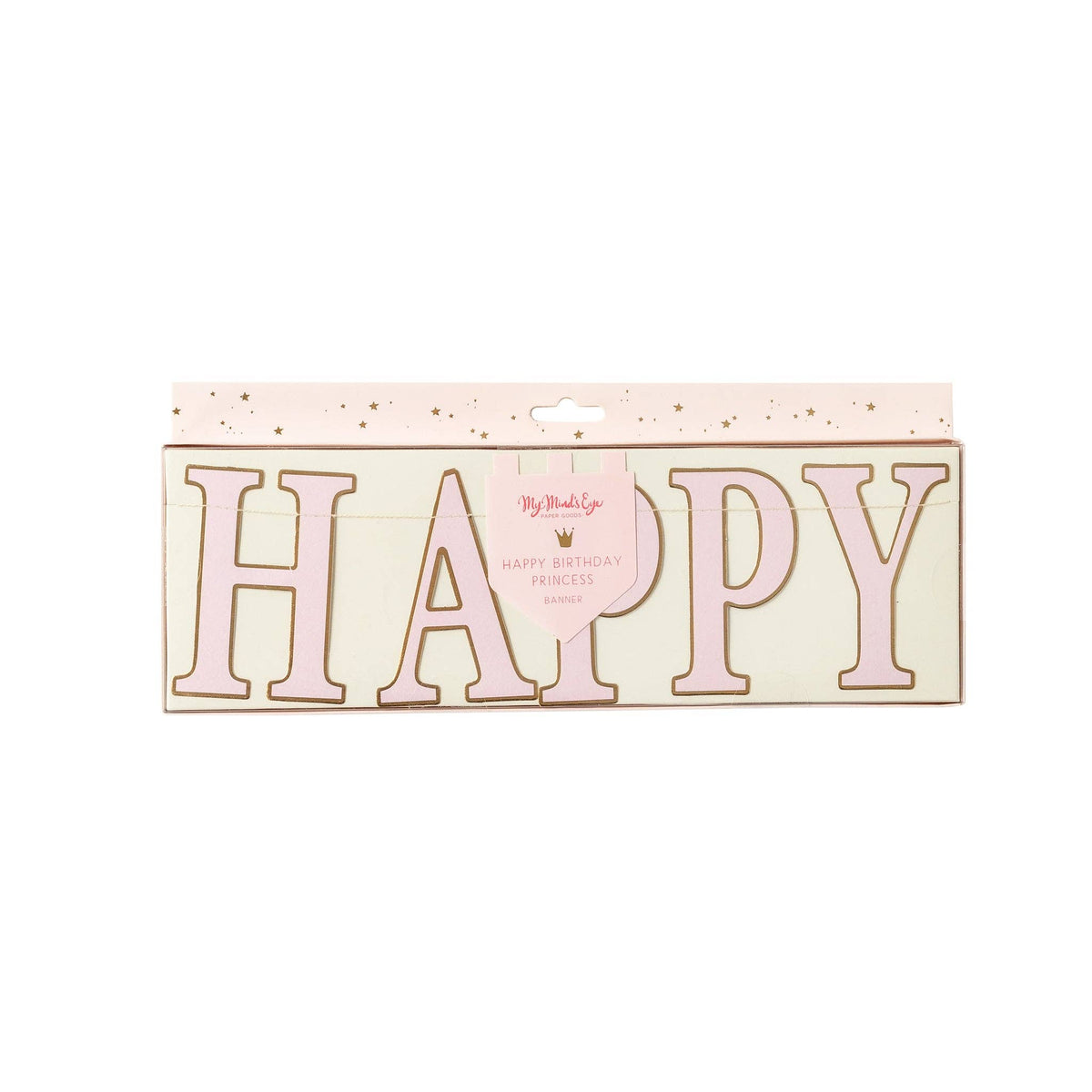 Pink Happy Birthday Princess banner with gold foil accents in packaging