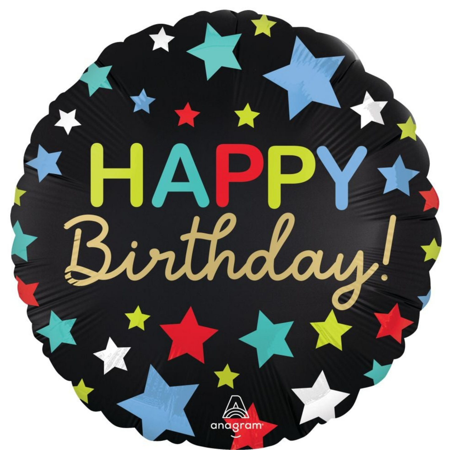 Happy Birthday foil balloon with colourful stars on a black background, perfect for birthday parties in Toronto.