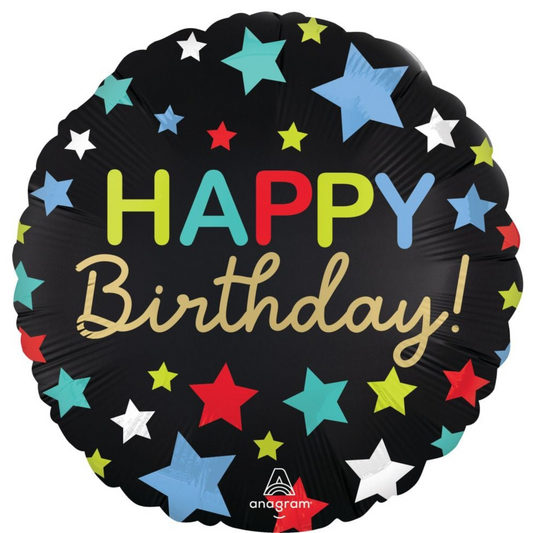 Happy Birthday foil balloon with colourful stars on a black background, perfect for birthday parties in Toronto.