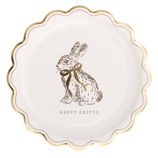 Happy Easter bunny paper plate with gold scalloped edge, sold in Toronto at Confetti My Party