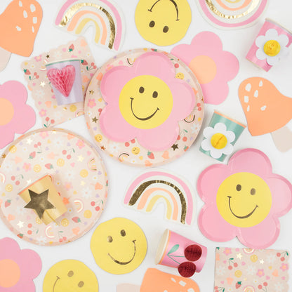 happy icon napkins by meri meri - 4 designs: happy face, rainbow, flower and mushroom