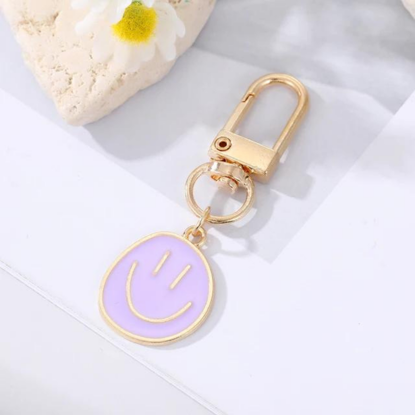 mini lilac happy face keychain 