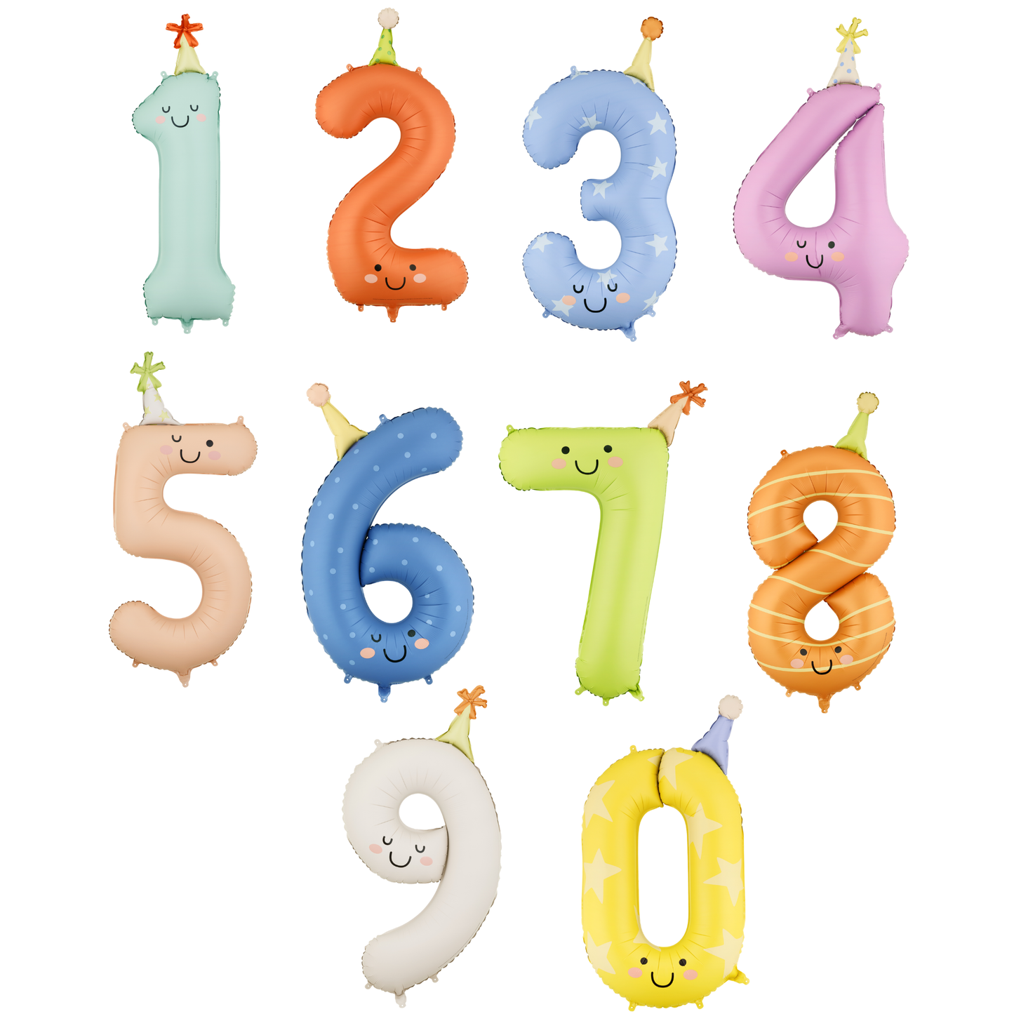 Colourful happy face number foil balloons with party hats available at our Toronto party shop