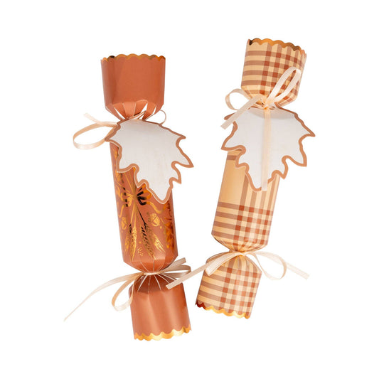 Harvest party crackers with plaid and wheat designs for Thanksgiving