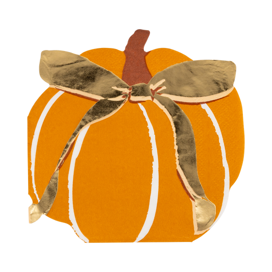 Pumpkin- shaped napkins with a gold bow on a white background