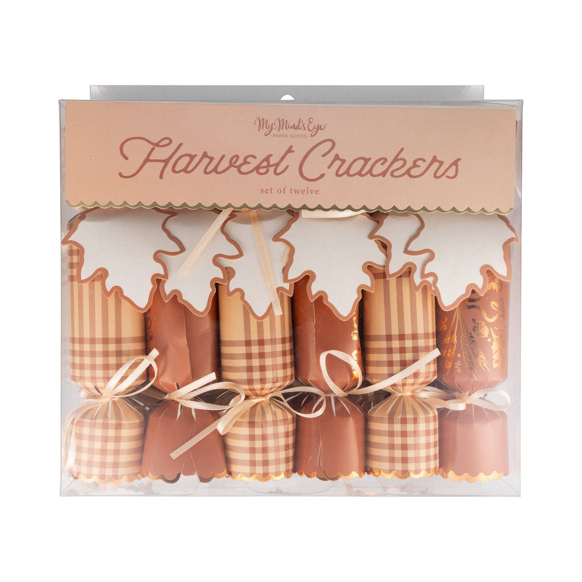Set of 12 harvest wheat party crackers in fall plaid designs
