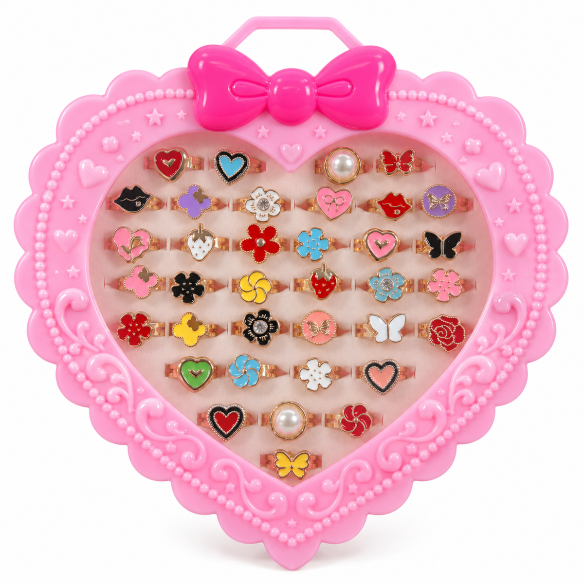 36-piece kids' ring set in a pink heart-shaped case with decorative bow and colourful rings featuring hearts, flowers and butterflies. Pick up in Toronto + Canada-wide shipping available.