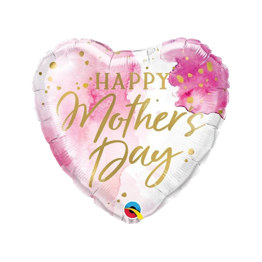 white heart shaped foil balloon with happy mothers day script in gold 