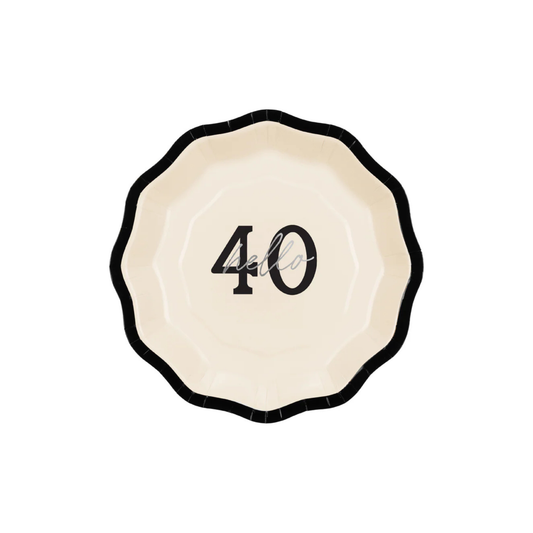 Cream milestone birthday paper plate with bold black trim and silver “Hello 40” script, modern and stylish design.