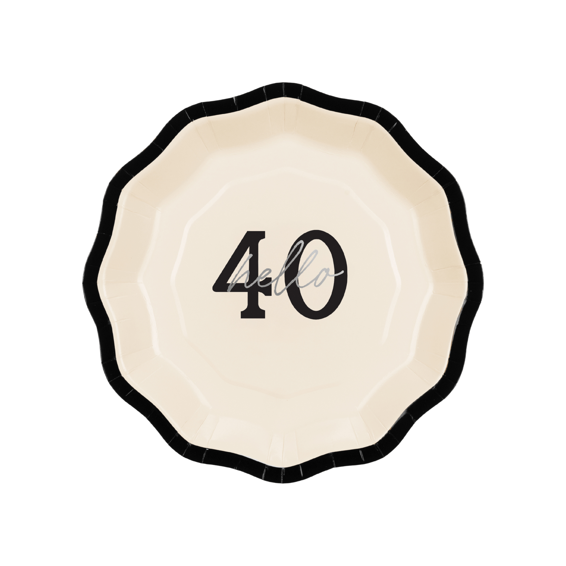 Cream milestone birthday paper plate with bold black trim and silver “Hello 40” script, modern and stylish design.