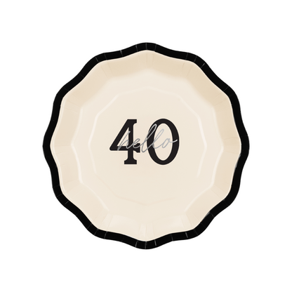 Cream milestone birthday paper plate with bold black trim and silver “Hello 40” script, modern and stylish design.