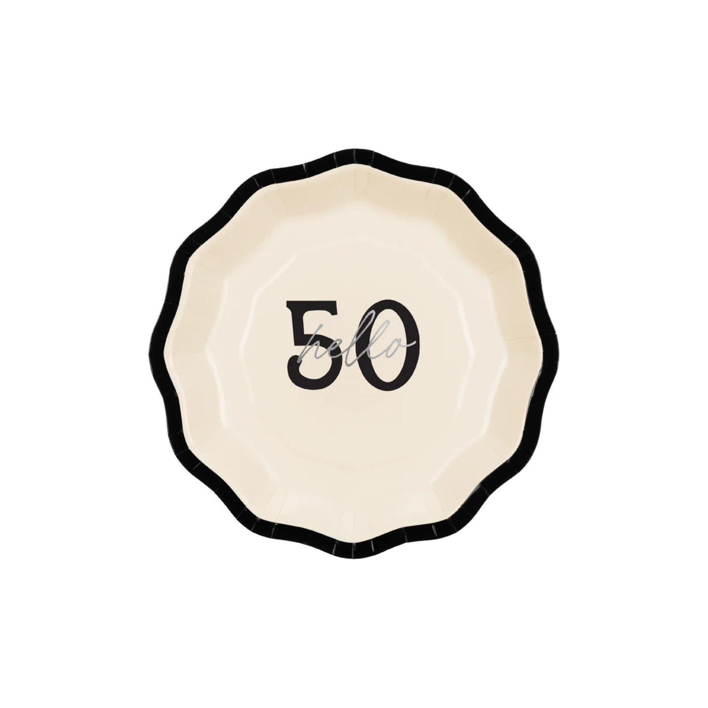 black and cream scalloped edge "hello 50" birthday plate, pack of 6 sold in Toronto at Confetti My Party.