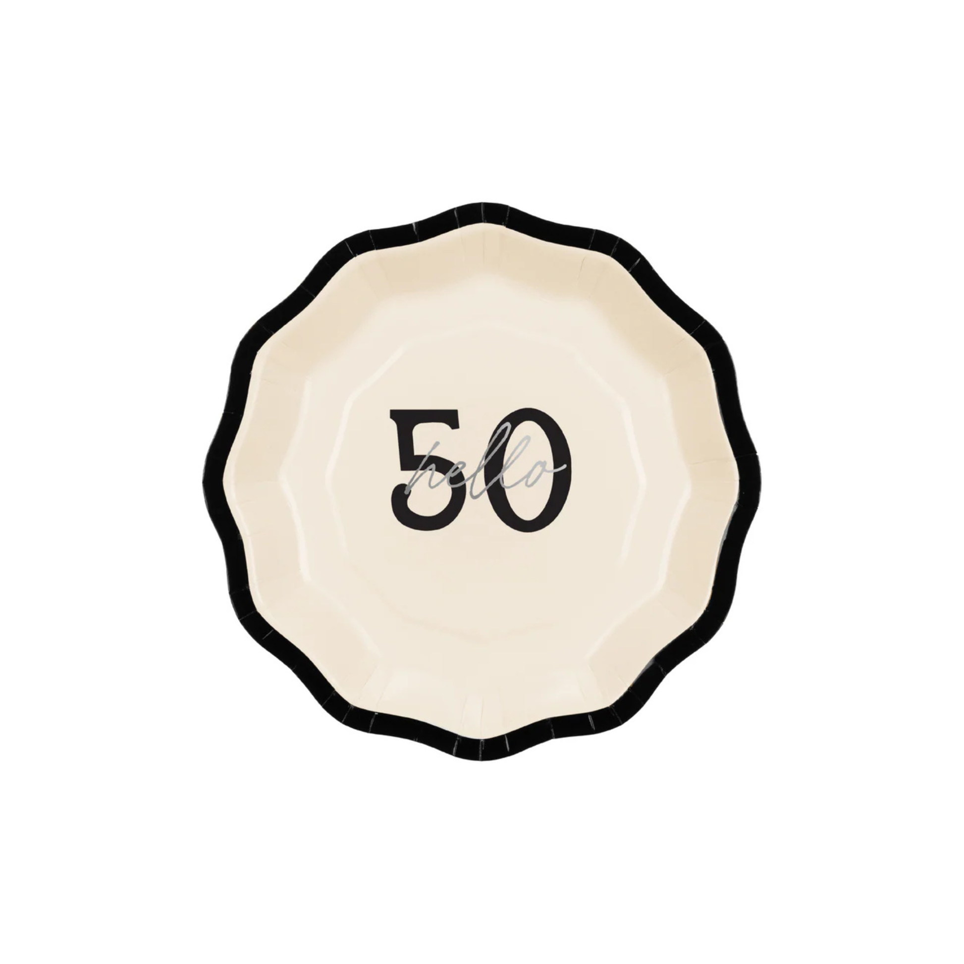 black and cream scalloped edge "hello 50" birthday plate, pack of 6 sold in Toronto at Confetti My Party.