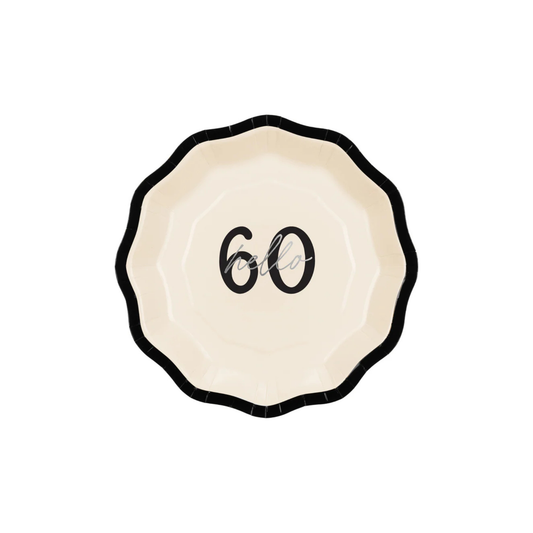 Black and cream "hello 60" birthday plates sold at Confetti My Party in Toronto.