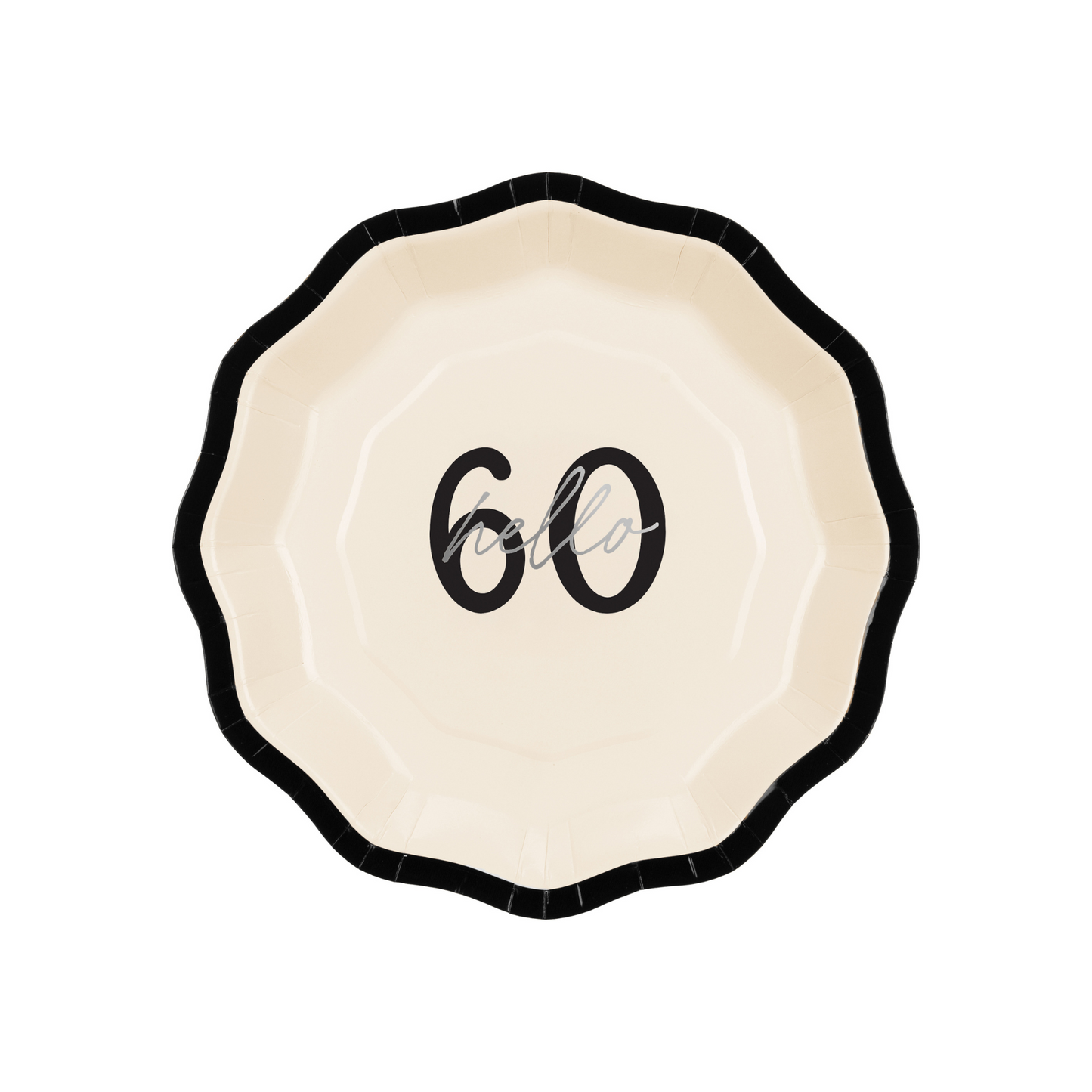 Cream paper plate with black edge and silver “Hello 60” inscription, milestone birthday tableware