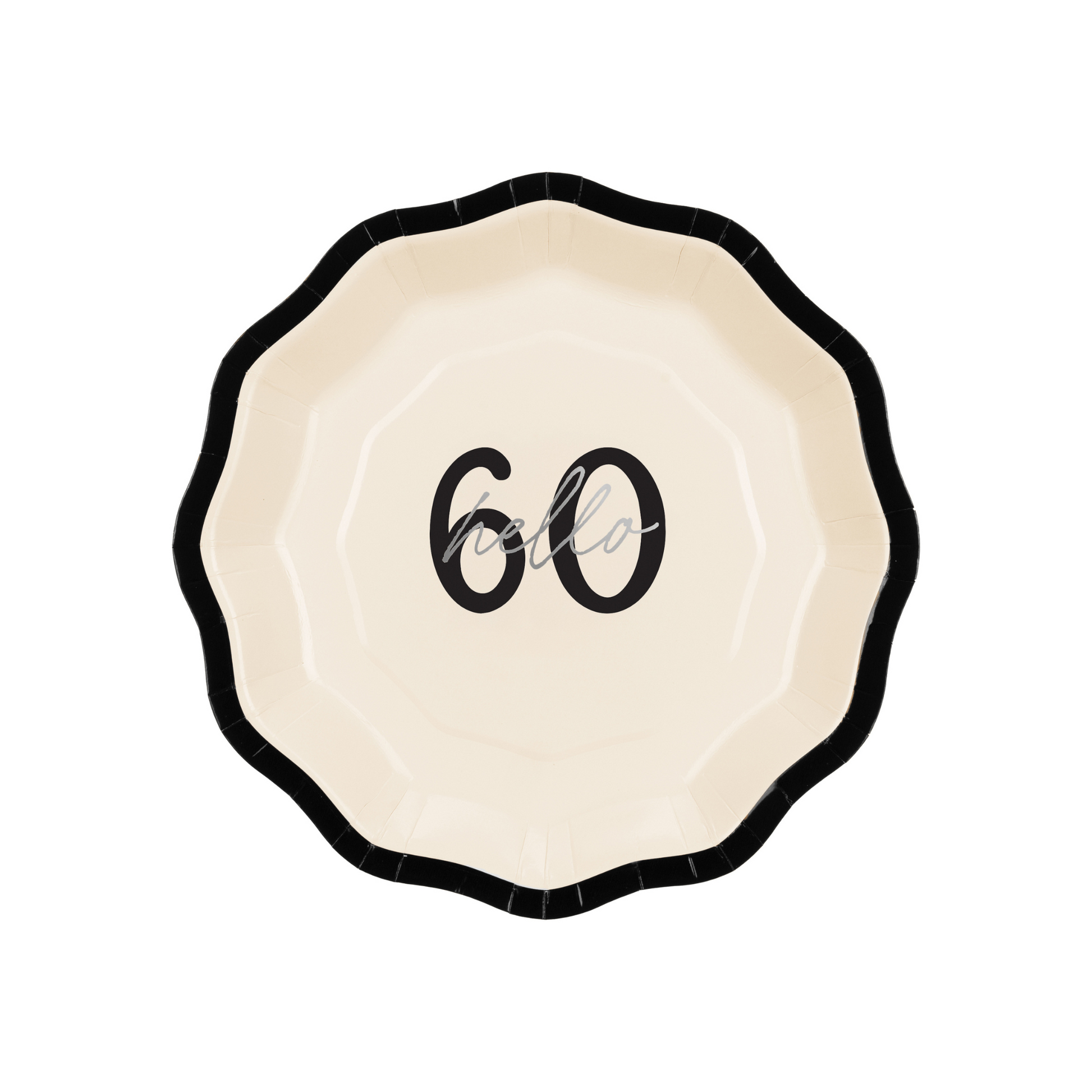 Cream paper plate with black edge and silver “Hello 60” inscription, milestone birthday tableware