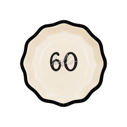 Cream paper plate with black edge and silver “Hello 60” inscription, milestone birthday tableware