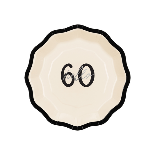 Cream paper plate with black edge and silver “Hello 60” inscription, milestone birthday tableware