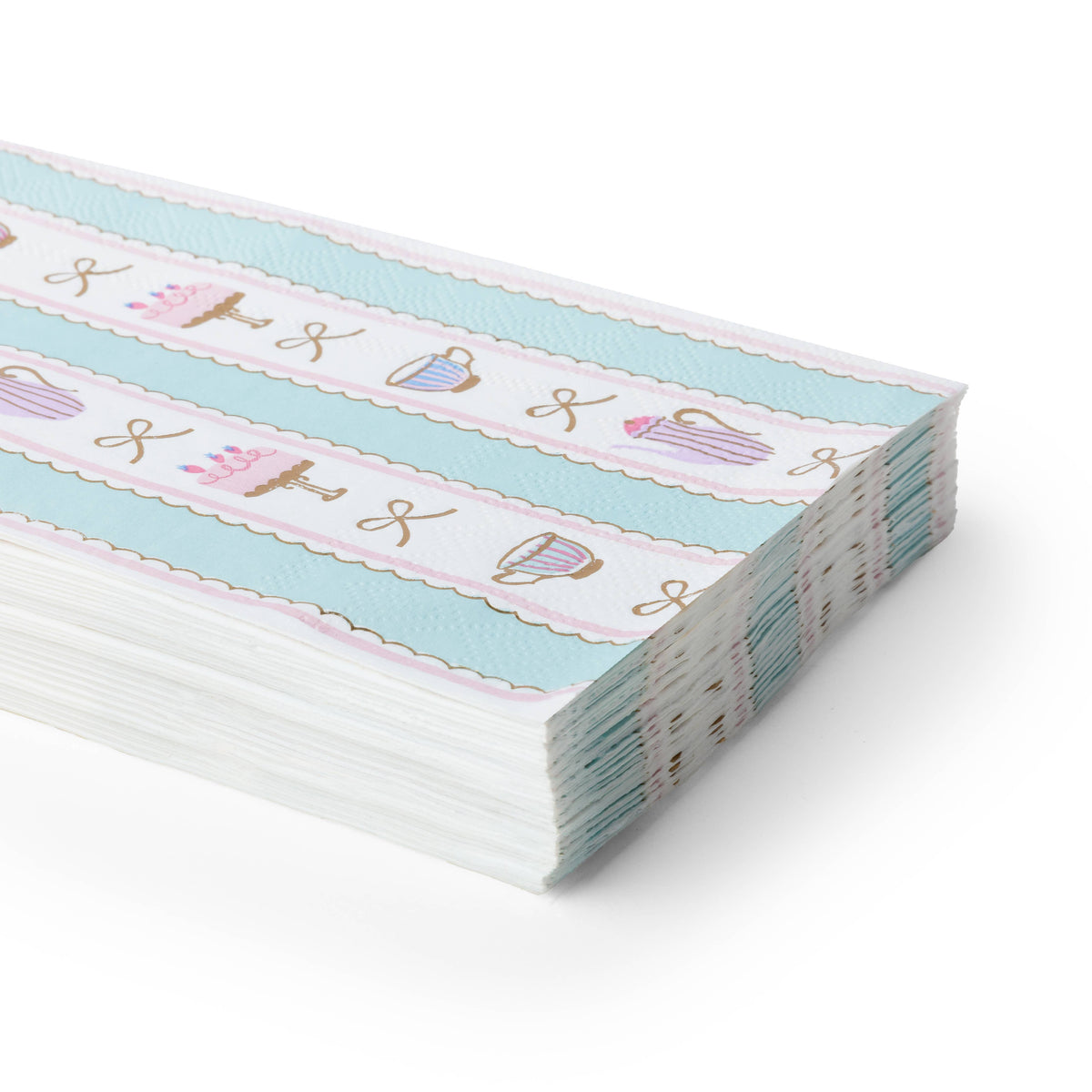 High Tea Patisserie guest napkins with pastel blue, pink and gold details
