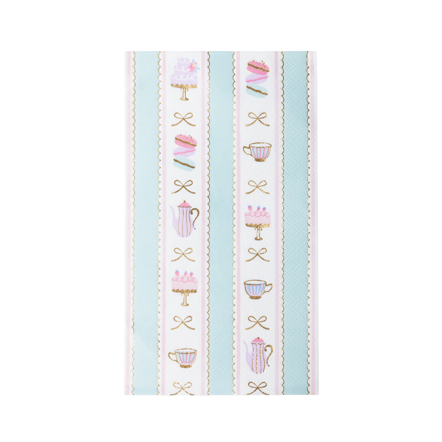 High Tea Patisserie guest napkins with cakes, teacups and gold bow details