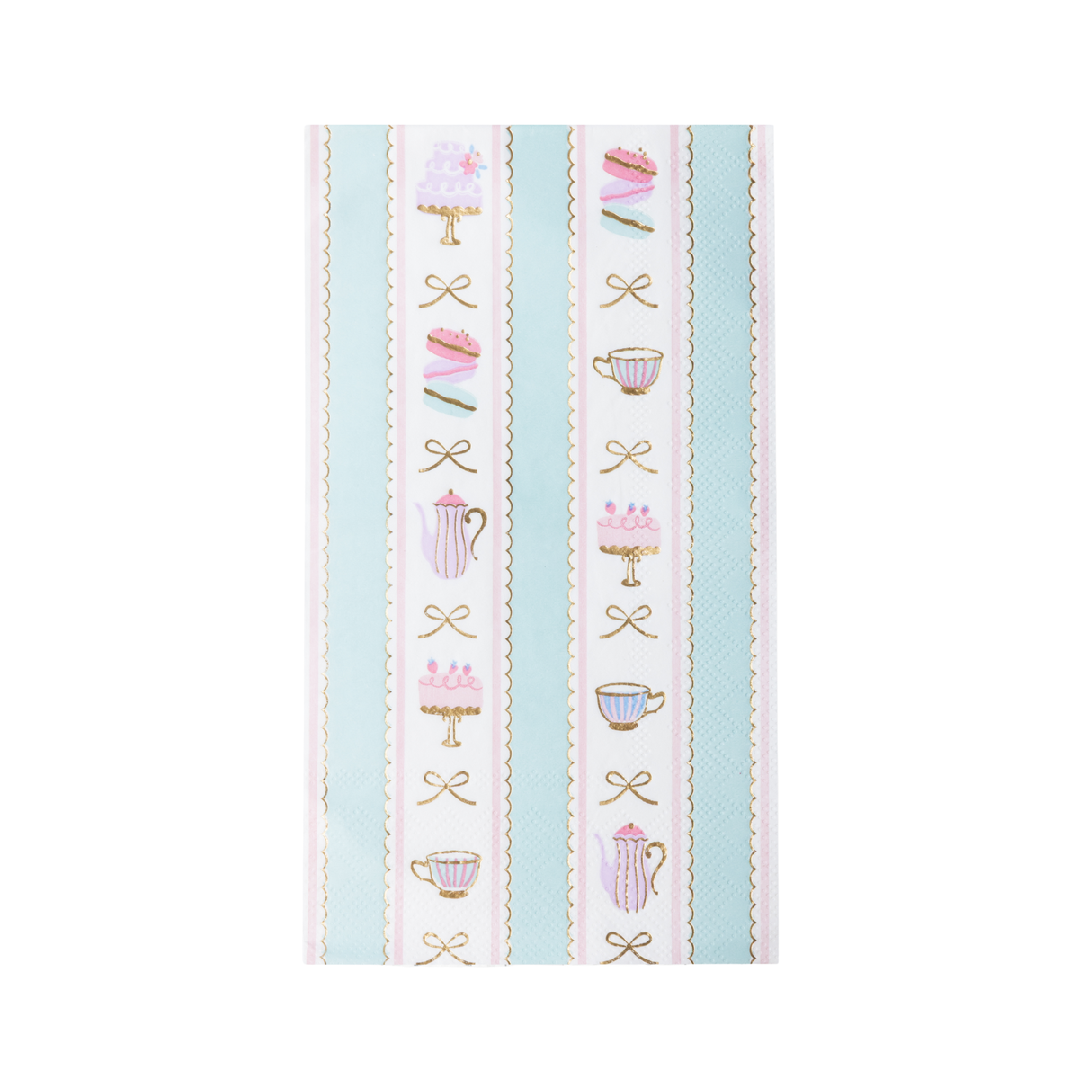 High Tea Patisserie guest napkins with cakes, teacups and gold bow details