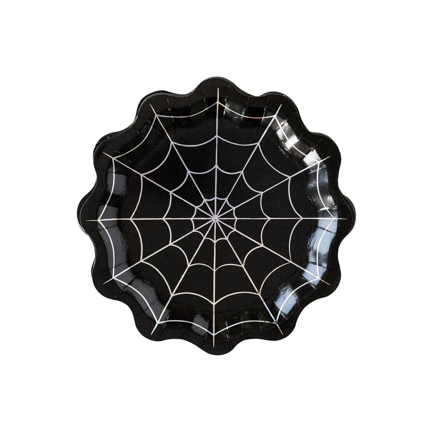 Black holographic web paper plate with scalloped edge, perfect for Halloween parties.
