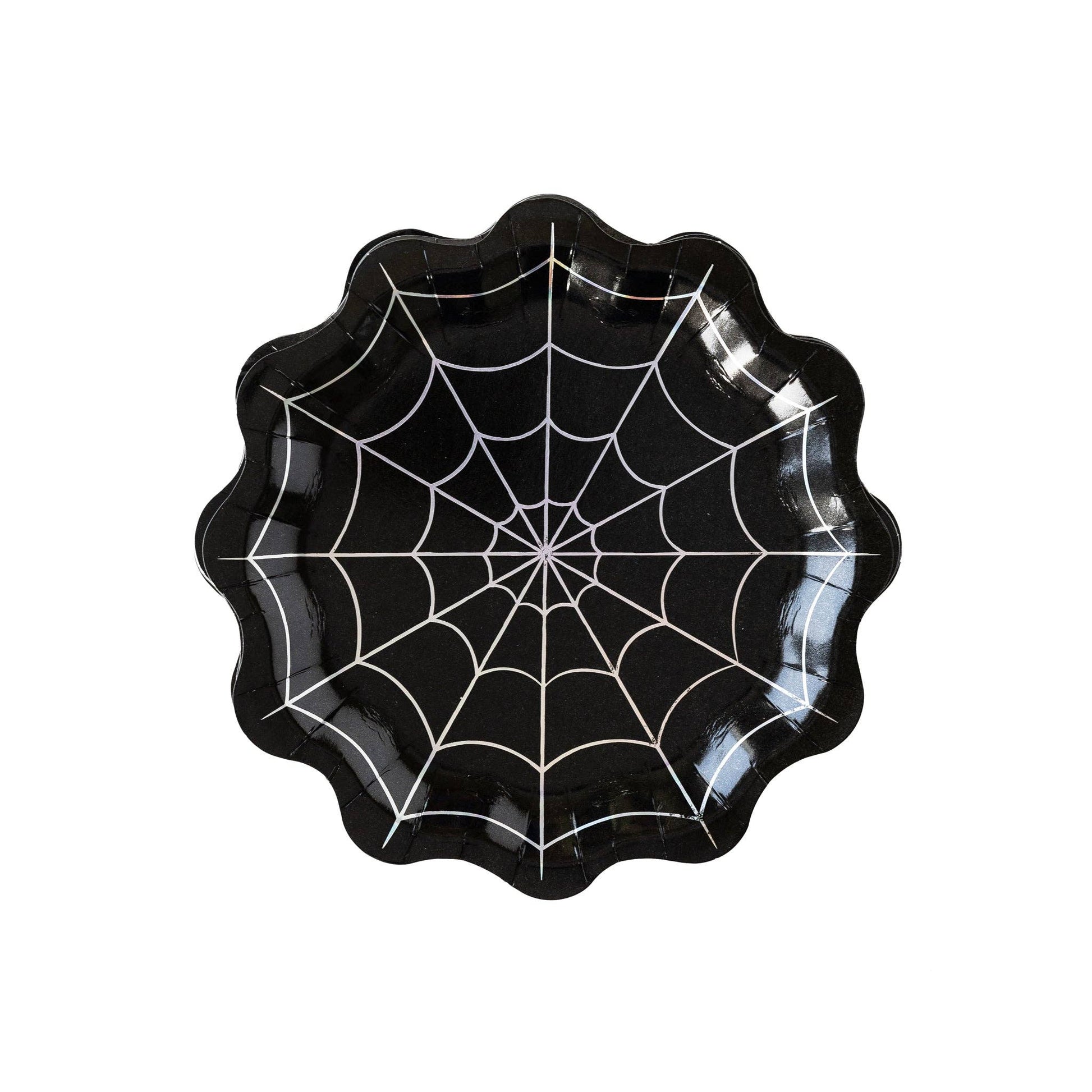 Black holographic web paper plate with scalloped edge, perfect for Halloween parties.