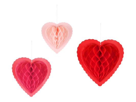 Set of three pink and red honeycomb heart decorations in different sizes, sold in Toronto and shipping Canada-wide.