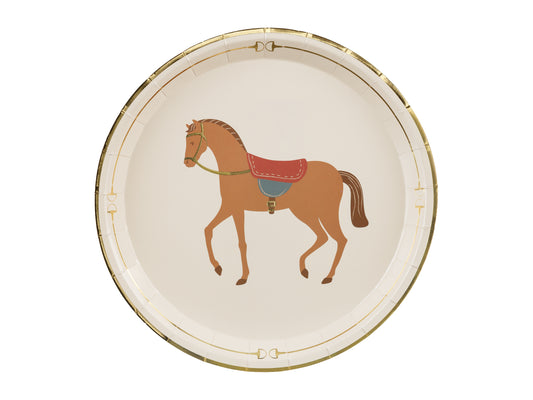 Round paper plate with horse illustration and gold accents, perfect for Toronto equestrian parties. Pack of 6