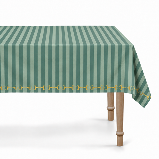 GREEN STRIPED TABLECLOTH WITH GOLD STIRRUPS