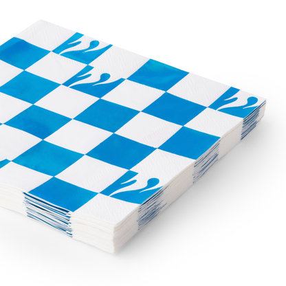 Stack of Hot Wheels blue checker napkins with metallic flame accents, available at Confetti My Party in Toronto.