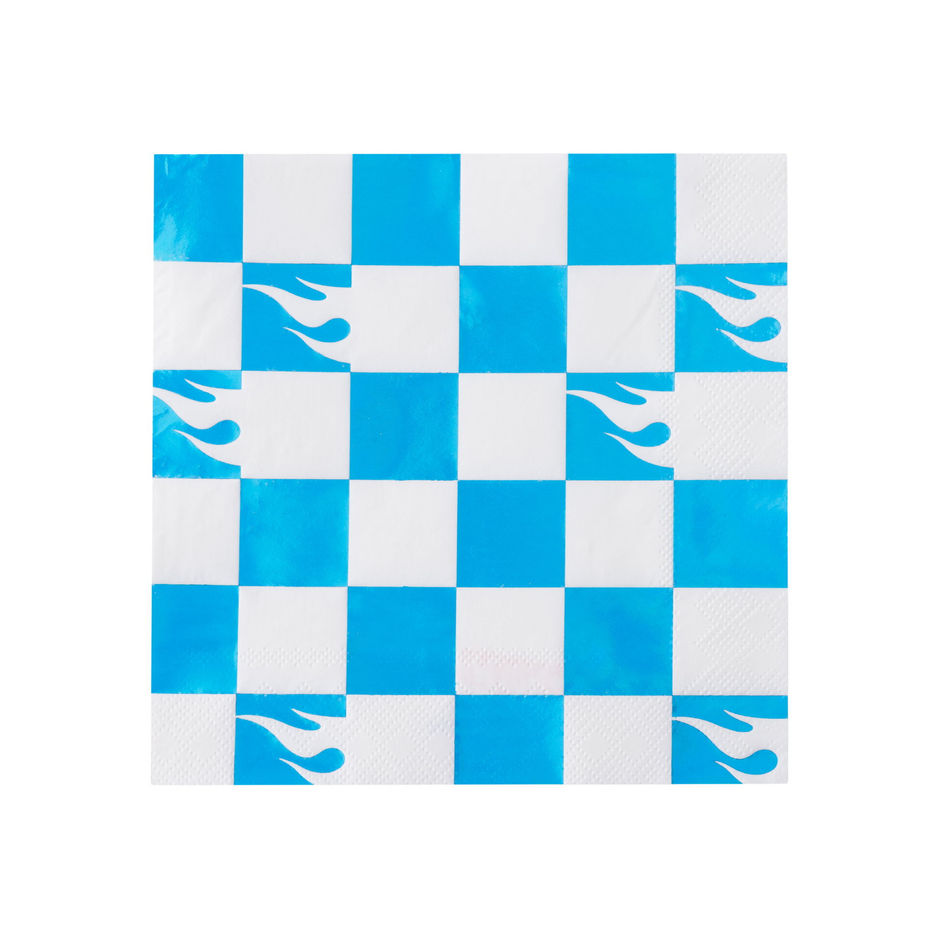 Hot Wheels blue checker napkin with metallic foil flames, sold at Confetti My Party Toronto.
