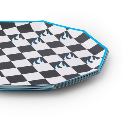Stacked Hot Wheels checkerboard plates with blue flame accents and blue trim, available at Confetti My Party Toronto.