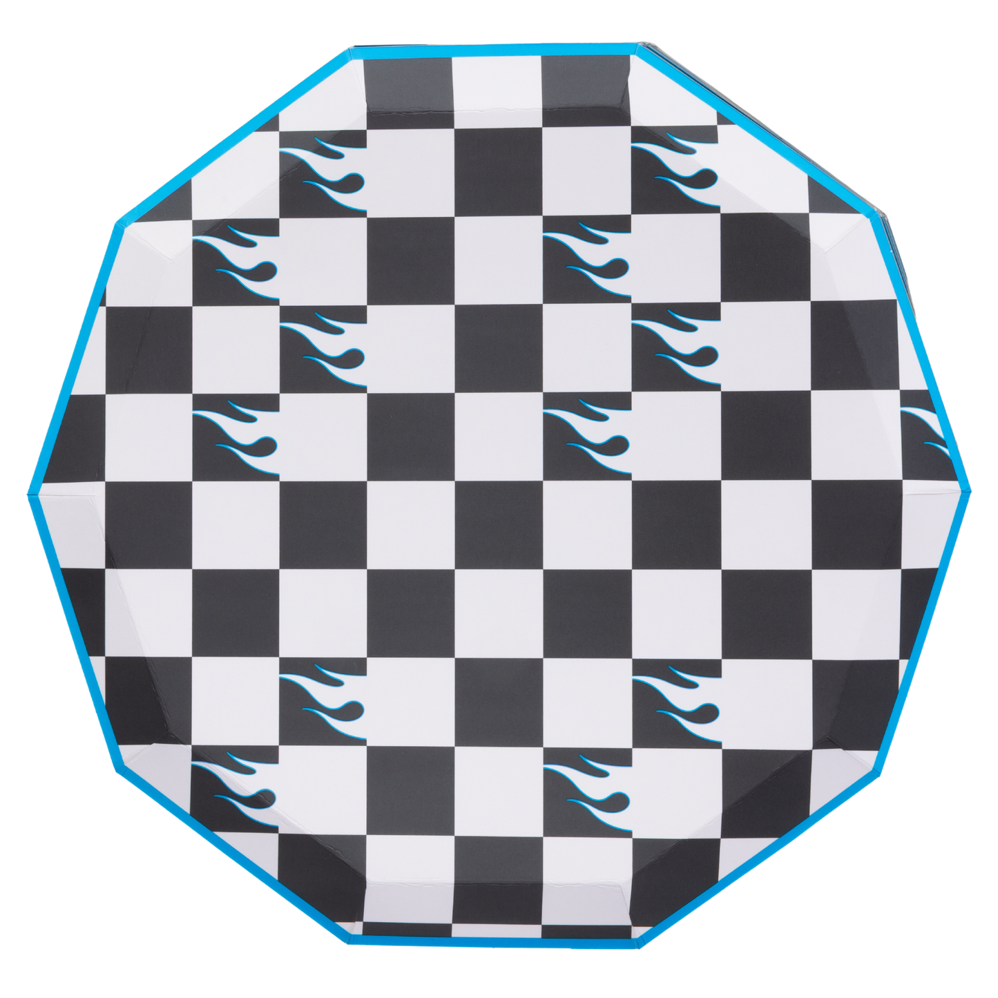 Hot Wheels checkerboard dinner plate with blue flame accents and bright blue edging, sold at Confetti My Party in Toronto.