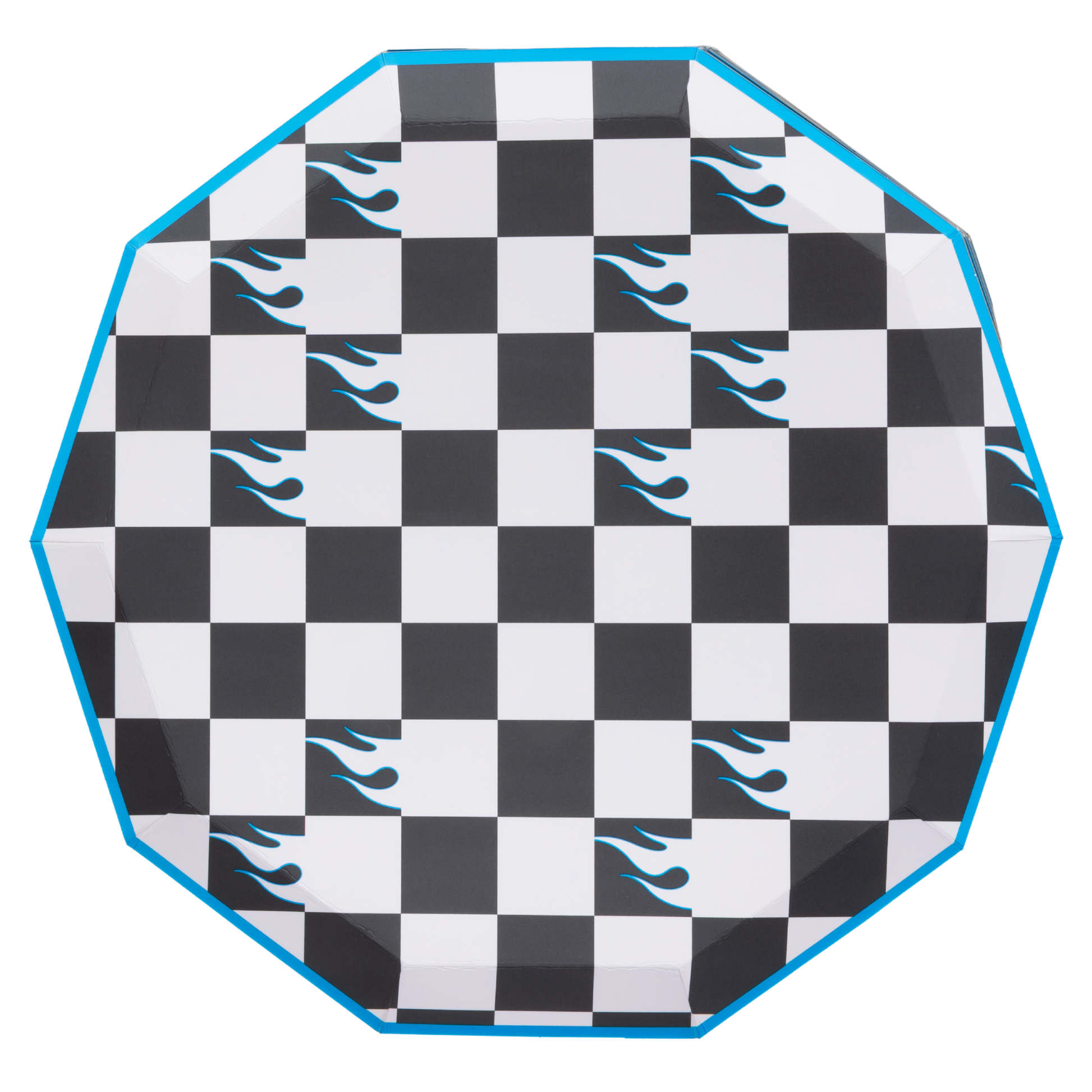 Hot Wheels checkerboard dinner plate with blue flame accents and bright blue edging, sold at Confetti My Party in Toronto.