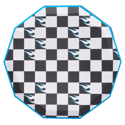 Hot Wheels checkerboard dinner plate with blue flame accents and bright blue edging, sold at Confetti My Party in Toronto.