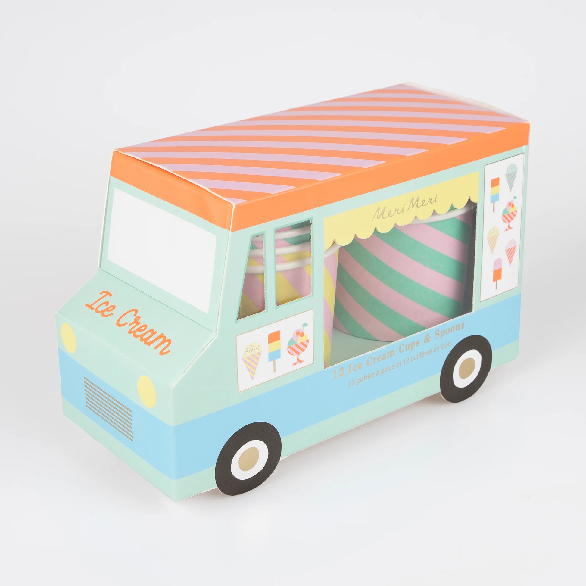 Close-up of Meri Meri ice cream cup packaging shaped like a colourful pastel ice cream truck
