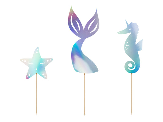 iridescent mermaid cake toppers set of 3 - star fish, seahorse, mermaid tail 