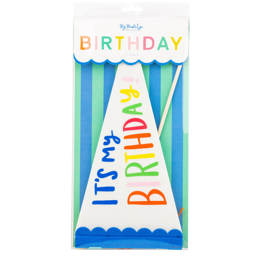 My Mind's Eye It's My Birthday felt pennant in retail packaging, featuring rainbow birthday lettering and blue felt trim. Pick up in Toronto + Canada-wide shipping available.