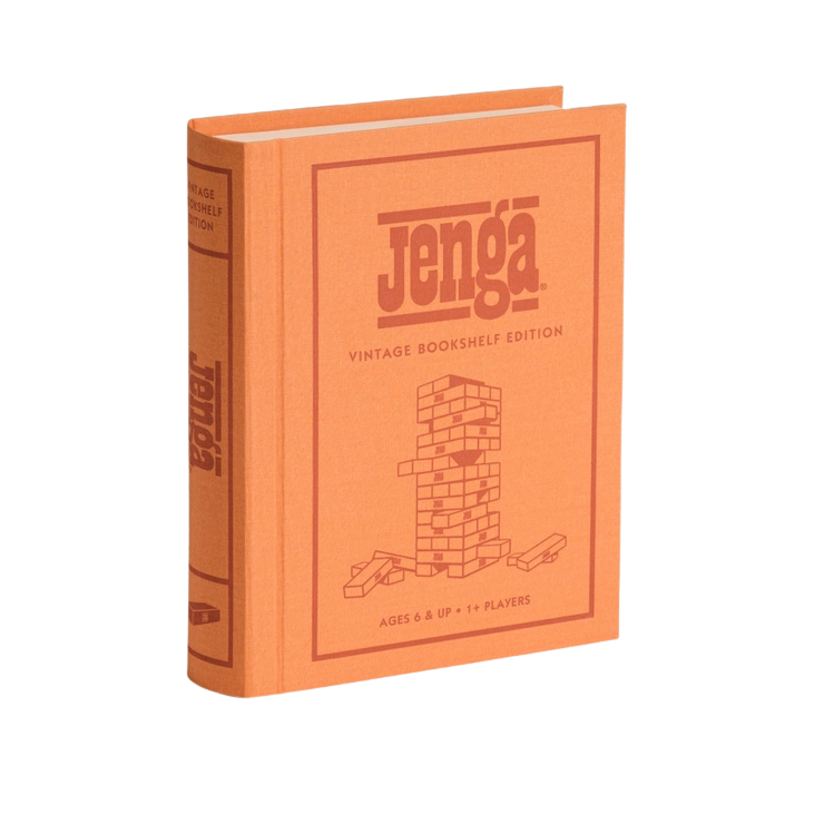 Jenga Vintage Bookshelf Edition in a linen-wrapped book case, perfect for game nights. Sold in Toronto at Confetti My Party and ships Canada-wide and USA.