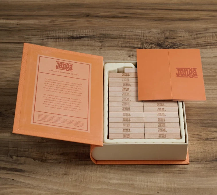 Open Jenga Vintage Bookshelf Edition box with block storage and stacking sleeve, available in Toronto and shipping across Canada.
