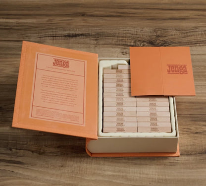Open Jenga Vintage Bookshelf Edition box with block storage and stacking sleeve, available in Toronto and shipping across Canada.