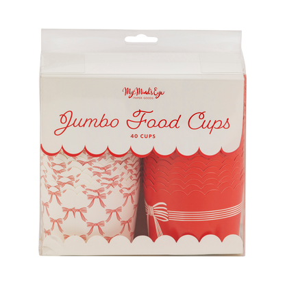 Packaging of jumbo food cups with red and white bow designs on a white background