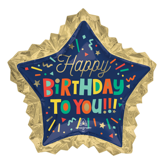 Jumbo Happy Birthday Block Burst foil balloon in a star shape with bold colourful letters and confetti design, perfect for parties in Toronto. Ships Canada Wide Flat. Helium available for pick ip and deliver in Toronto