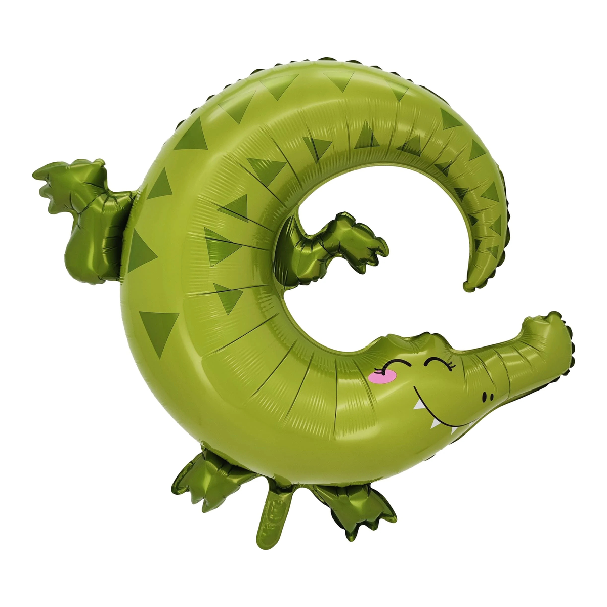 Green jungle alligator foil balloon with a curled body, playful smile and pink cheeks. Pick up in Toronto and Canada-wide shipping available.