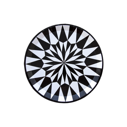 Close-up of black and white kaleidoscope patterned dessert plate, perfect for parties in Toronto.