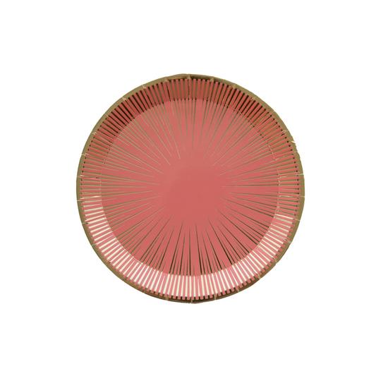 Single pink and gold La Bohème dessert plate with sunburst design, ideal for boho-themed celebrations in Toronto and across Canada.