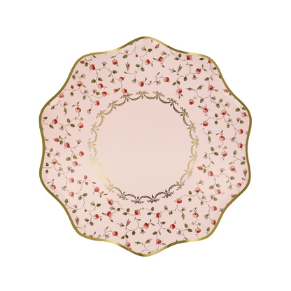 Ladurée Marie Antoinette side plate with pink background, floral rose design, and scalloped gold trim, available in Toronto and shipping across Canada.