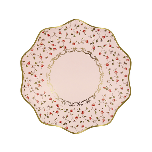Ladurée Marie Antoinette side plate with pink background, floral rose design, and scalloped gold trim, available in Toronto and shipping across Canada.