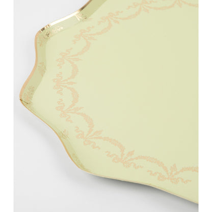 Green Ladurée Paris dinner plate by Meri Meri with gold foil scalloped edge and decorative trim, available in Toronto and shipping across Canada.